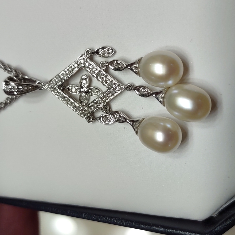 14kt white gold necklace with diamond and pearl drop pendant and earring… - Picture 4 of 14